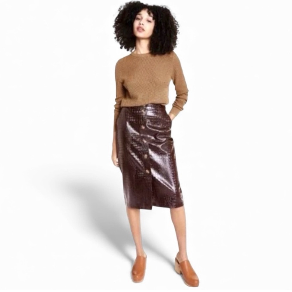 Brown Faux Leather Midi Skirt